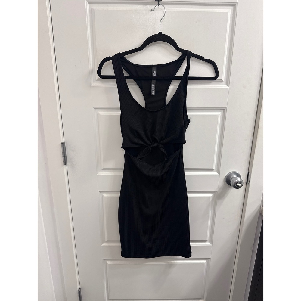 3/$30 Victoria Sport Black Ribbed Cut Out Tie Front Racerback Mini Dress XS